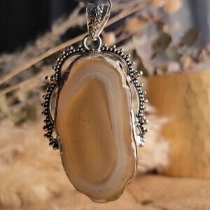 Radiant Golden Banded Agate Pendant, Sterling Silver Vintage-Inspired Necklace